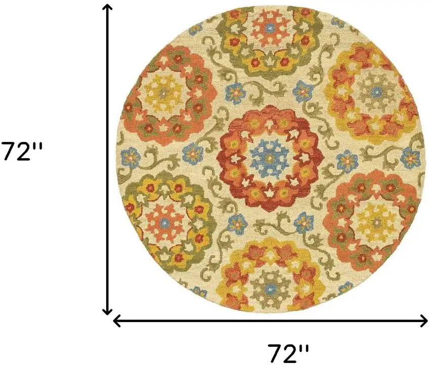 6' Orange and Ivory Round Wool Floral Hand Tufted Area Rug Photo 3