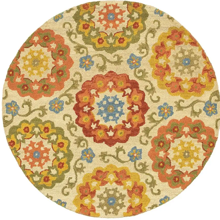 6' Orange and Ivory Round Wool Floral Hand Tufted Area Rug Photo 8