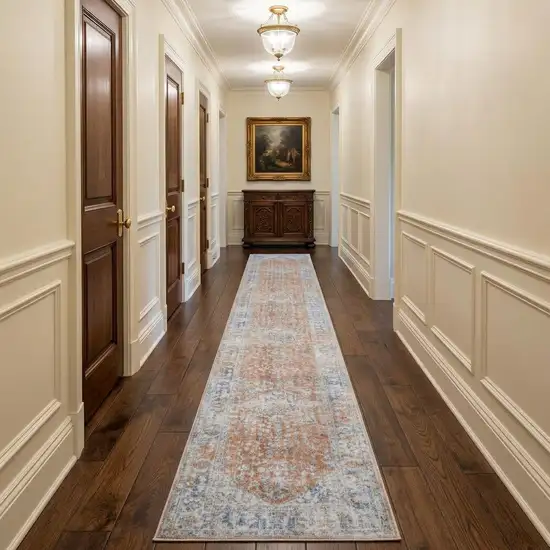 12' Brown and Blue Oriental Power Loom Distressed Runner Rug Photo 1