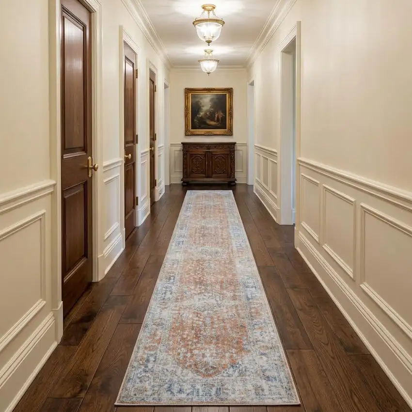 12' Brown and Blue Oriental Power Loom Distressed Runner Rug Photo 1