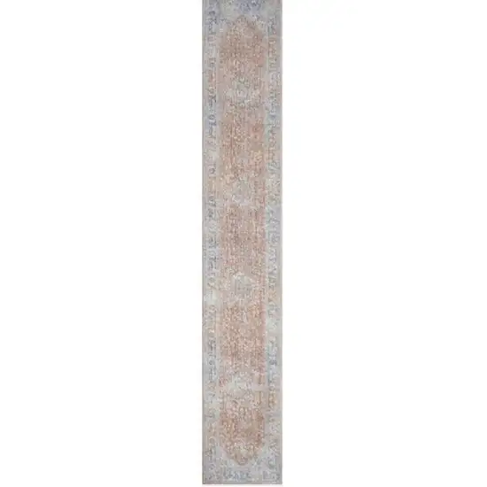 12' Brown and Blue Oriental Power Loom Distressed Runner Rug Photo 2