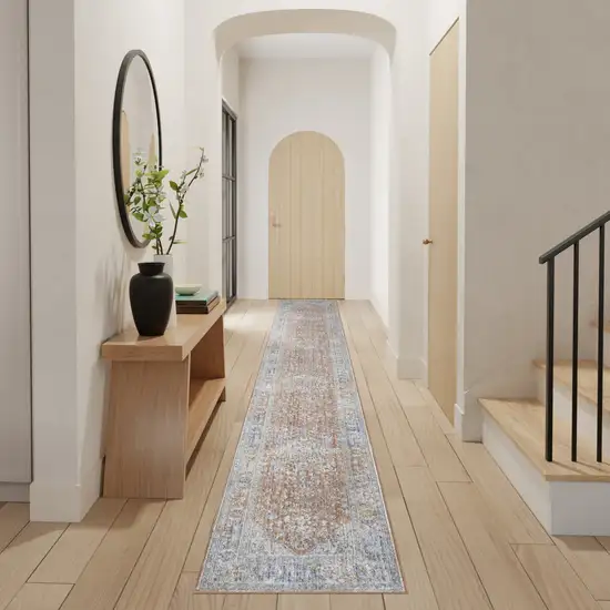 12' Brown and Blue Oriental Power Loom Distressed Runner Rug Photo 5