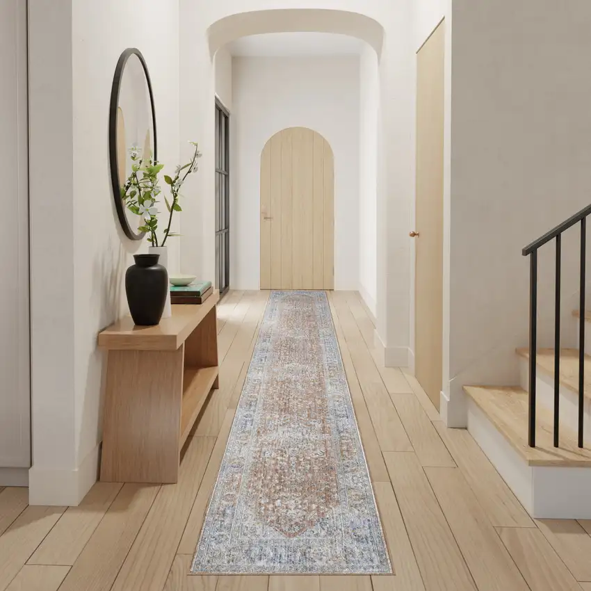 12' Brown and Blue Oriental Power Loom Distressed Runner Rug Photo 5