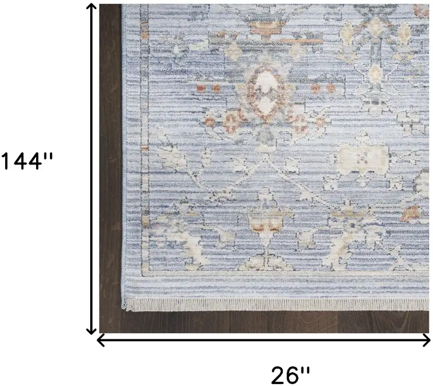 12' Blue and Ivory Oriental Power Loom Distressed Runner Rug Photo 8