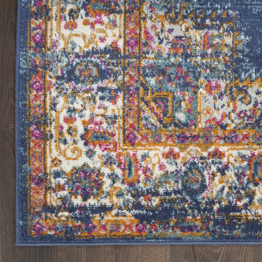 10' Blue and Ivory Oriental Power Loom Distressed Runner Rug Photo 9