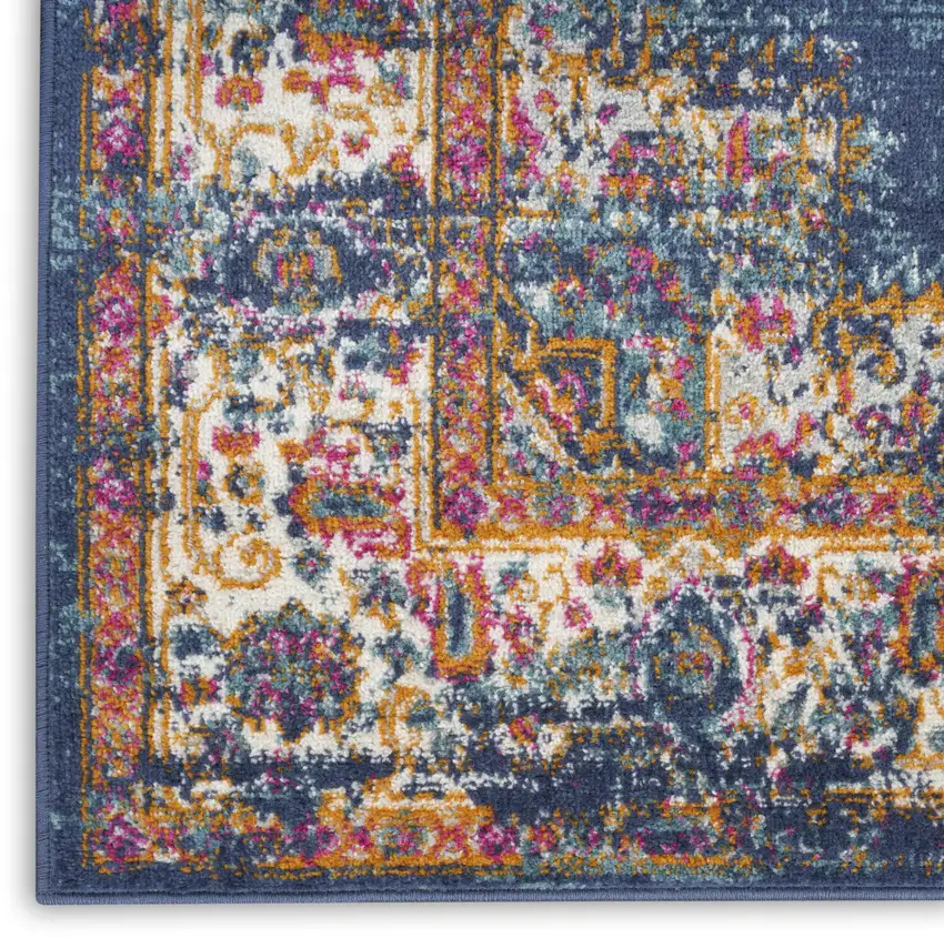 10' Blue and Ivory Oriental Power Loom Distressed Runner Rug Photo 8