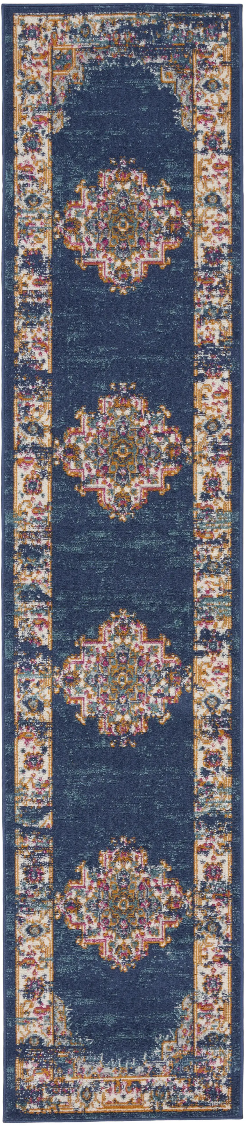 10' Blue and Ivory Oriental Power Loom Distressed Runner Rug Photo 3