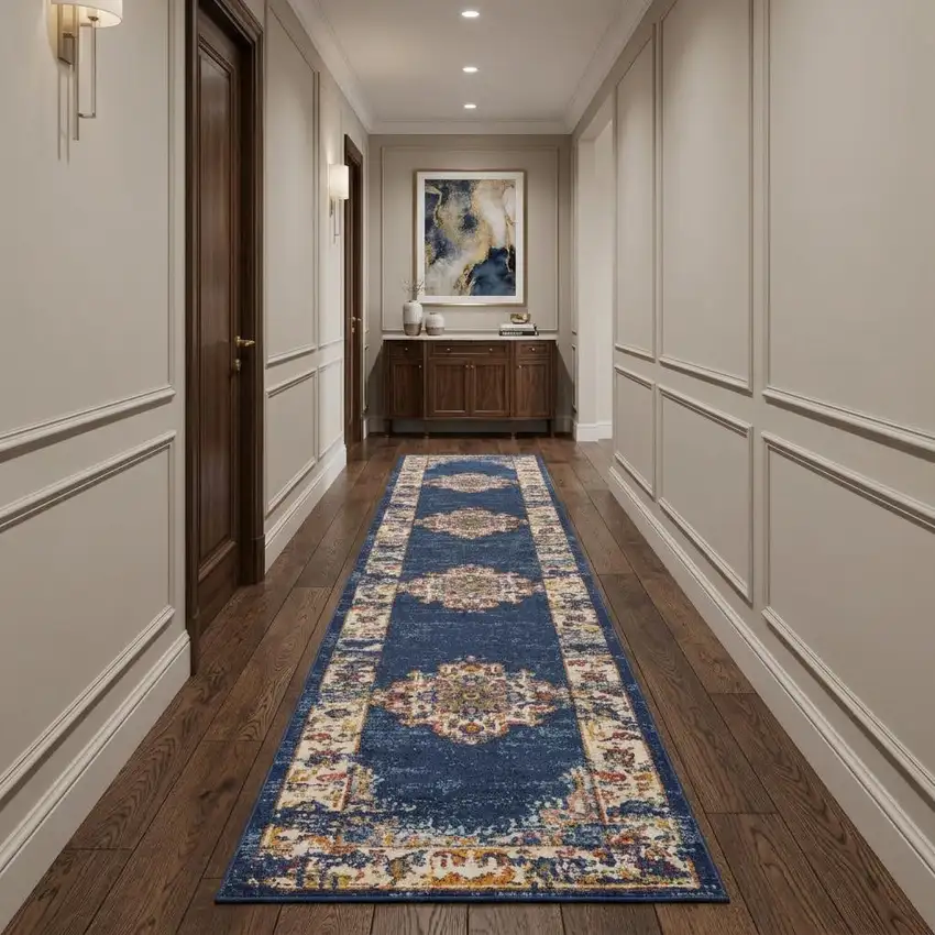 10' Blue and Ivory Oriental Power Loom Distressed Runner Rug Photo 1