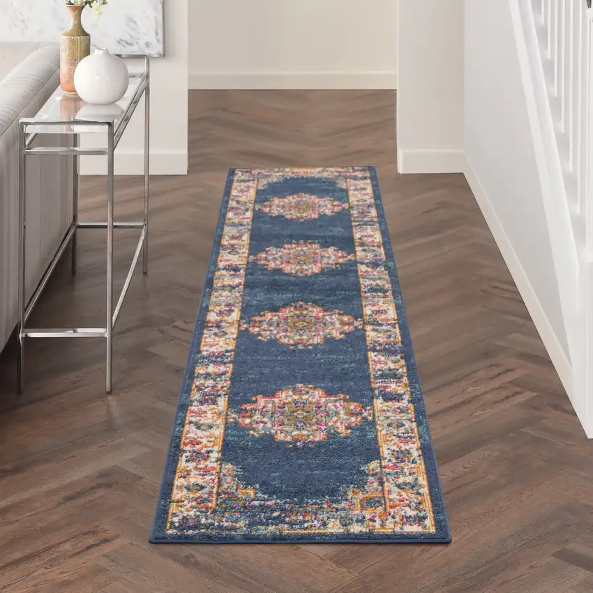 10' Blue and Ivory Oriental Power Loom Distressed Runner Rug Photo 3
