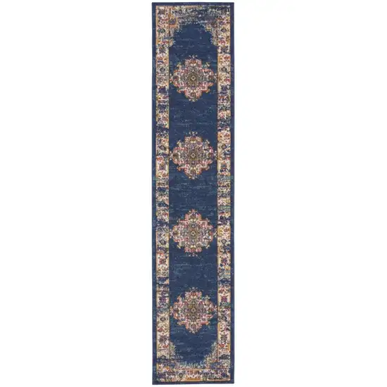 10' Blue and Ivory Oriental Power Loom Distressed Runner Rug Photo 2