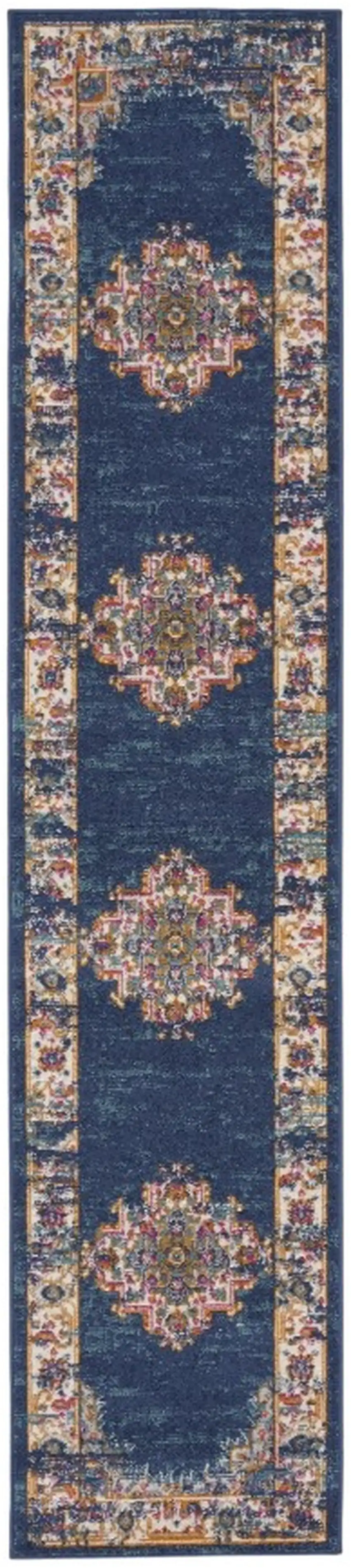 10' Blue and Ivory Oriental Power Loom Distressed Runner Rug Photo 2