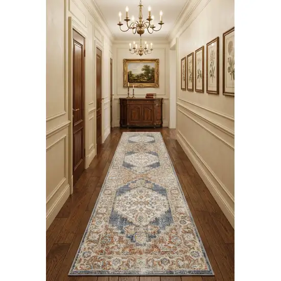 10' Denim Blue Oriental Power Loom Distressed Washable Runner Rug Photo 1