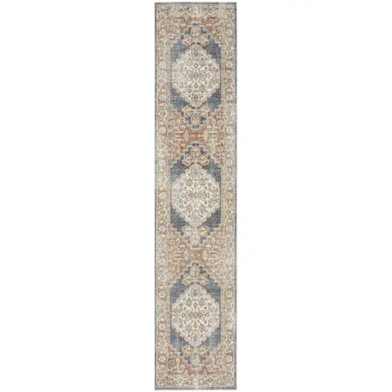 12' Denim Blue Oriental Power Loom Distressed Washable Runner Rug Photo 5