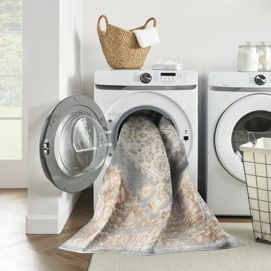 12' Denim Blue Oriental Power Loom Distressed Washable Runner Rug Photo 7