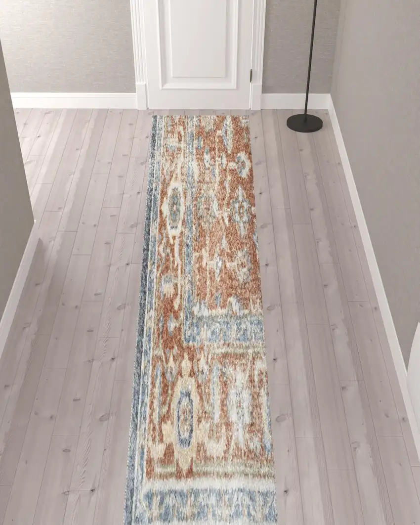 12' Oriental Power Loom Distressed Washable Runner Rug Photo 2