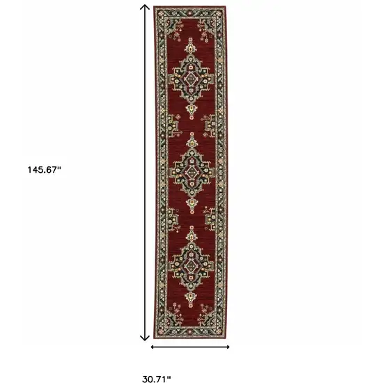 12' Red And Black Oriental Power Loom Runner Rug With Fringe Photo 3