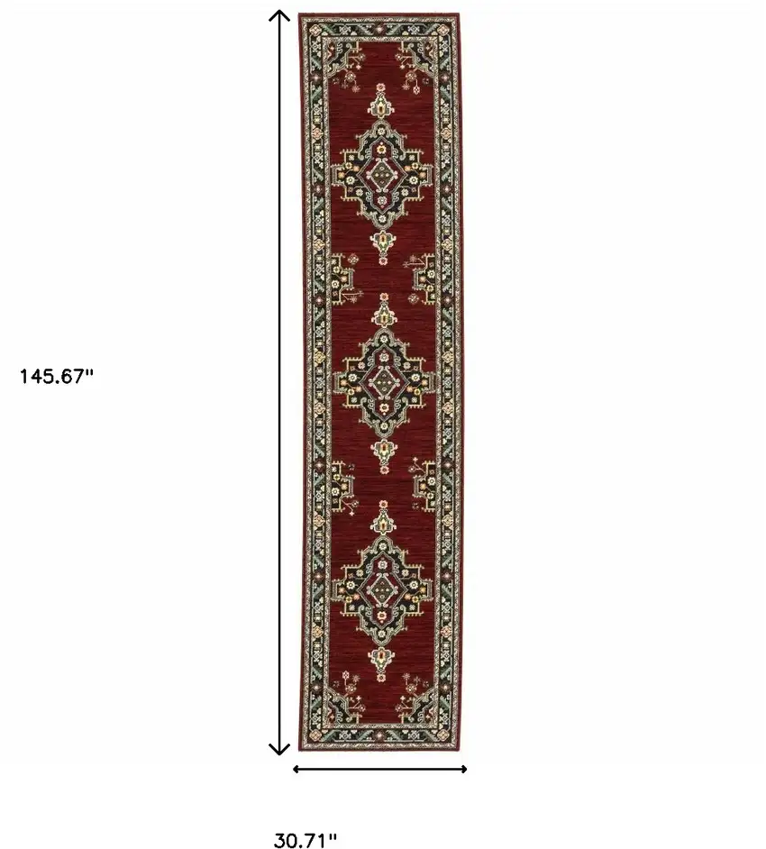 12' Red And Black Oriental Power Loom Runner Rug With Fringe Photo 3