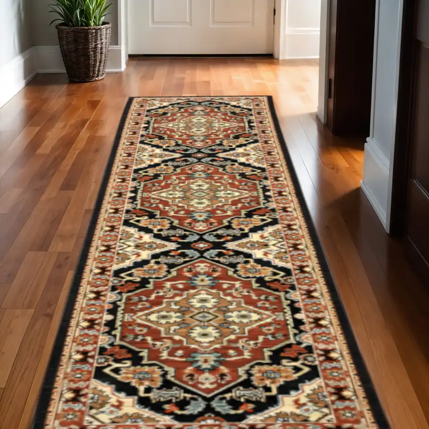 12' Red And Black Oriental Power Loom Runner Rug With Fringe Photo 1