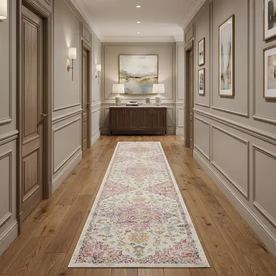 10' Pink and Ivory Oriental Power Loom Runner Rug Photo 1