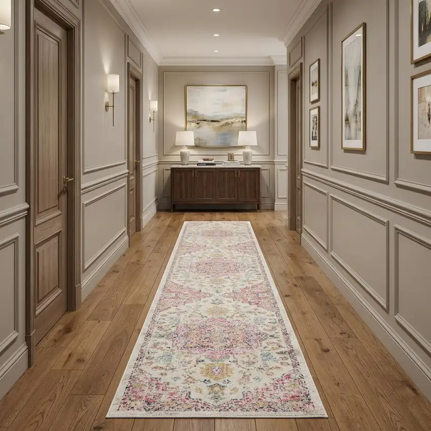 10' Pink and Ivory Oriental Power Loom Runner Rug Photo 1