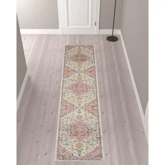 10' Pink and Ivory Oriental Power Loom Runner Rug Photo 2