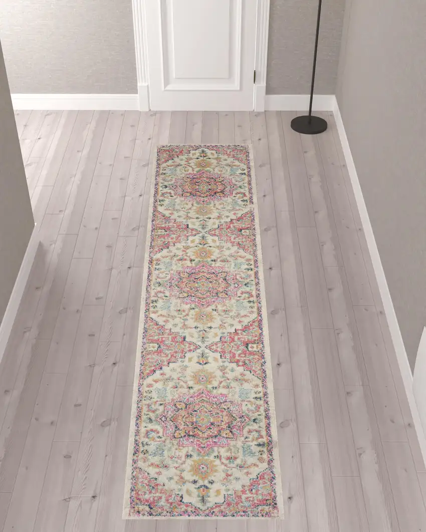 10' Pink and Ivory Oriental Power Loom Runner Rug Photo 2