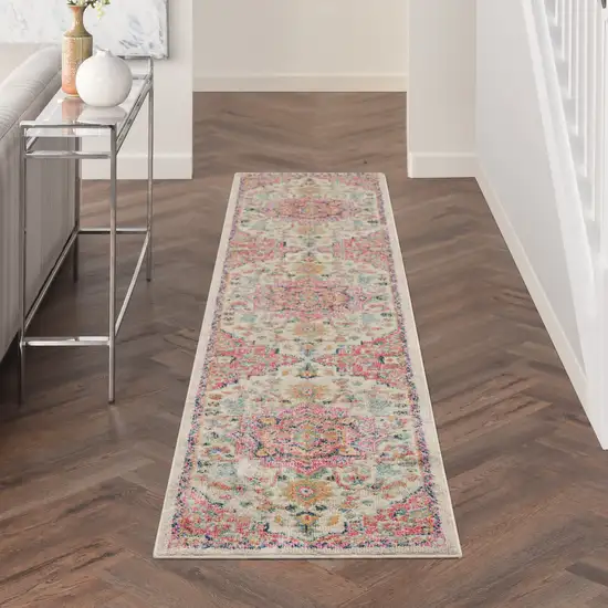 10' Pink and Ivory Oriental Power Loom Runner Rug Photo 9