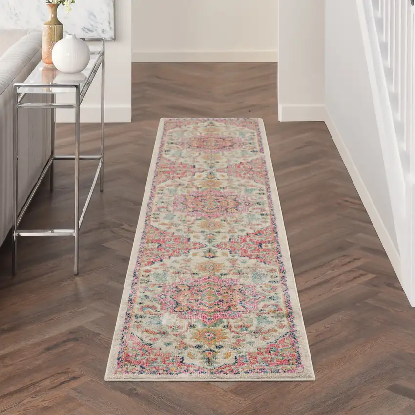 10' Pink and Ivory Oriental Power Loom Runner Rug Photo 9
