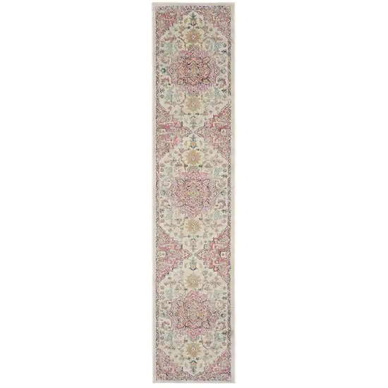 10' Pink and Ivory Oriental Power Loom Runner Rug Photo 2