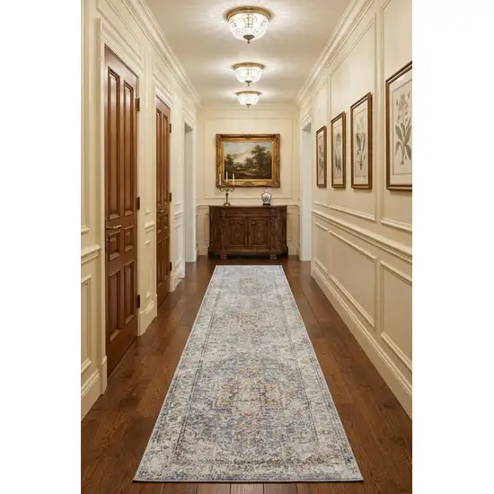 10' Denim Blue Oriental Power Loom Washable Runner Rug Photo 1