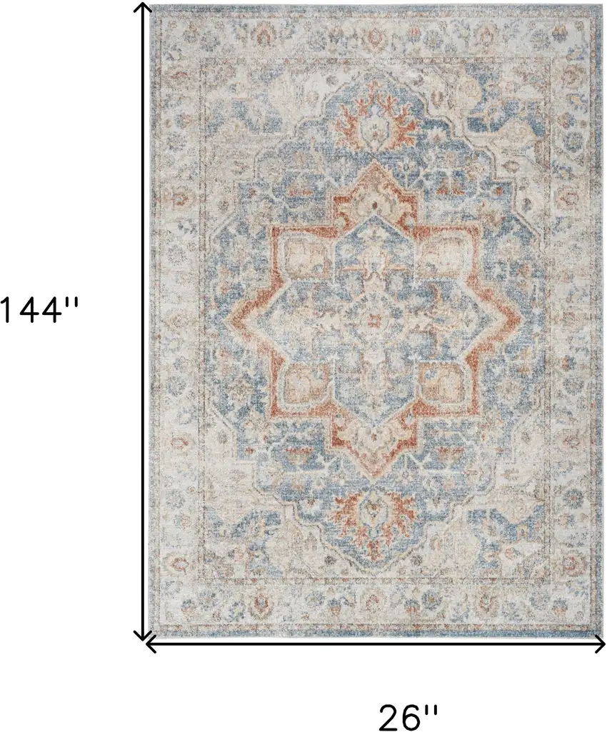 12' Denim Blue Oriental Power Loom Washable Runner Rug Photo 6