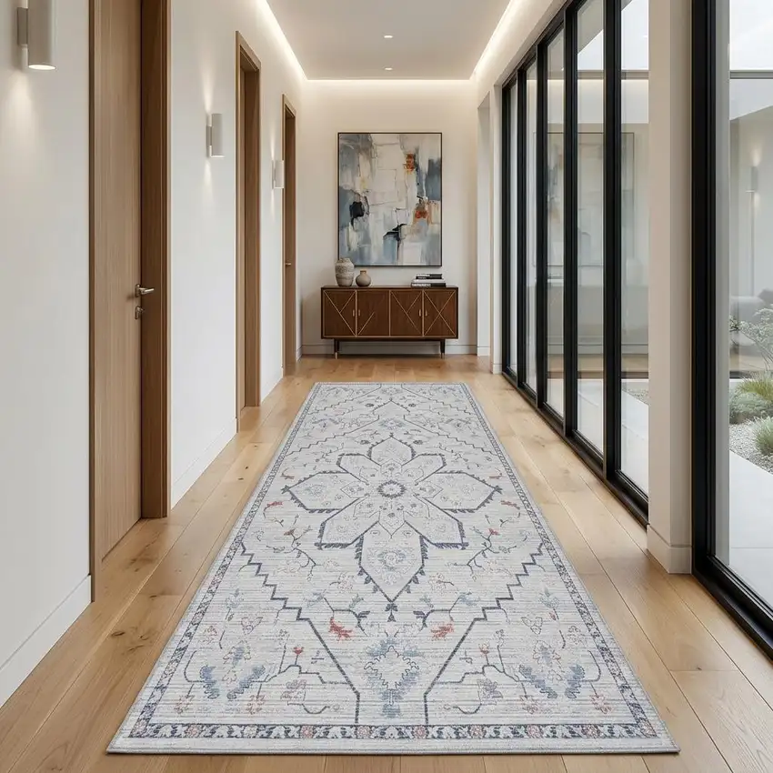 10' Ivory and Blue Oriental Power Loom Washable Runner Rug Photo 1