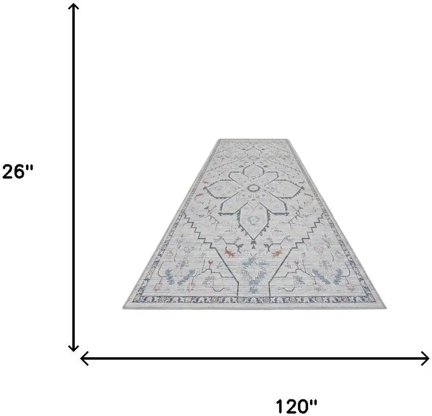 10' Ivory and Blue Oriental Power Loom Washable Runner Rug Photo 8