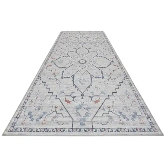 10' Ivory and Blue Oriental Power Loom Washable Runner Rug Photo 2