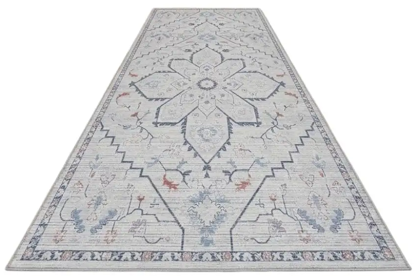 10' Ivory and Blue Oriental Power Loom Washable Runner Rug Photo 2