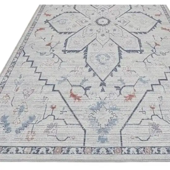 10' Ivory and Blue Oriental Power Loom Washable Runner Rug Photo 3