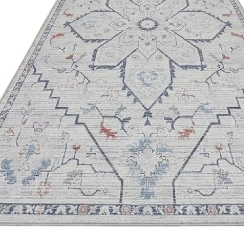 10' Ivory and Blue Oriental Power Loom Washable Runner Rug Photo 3