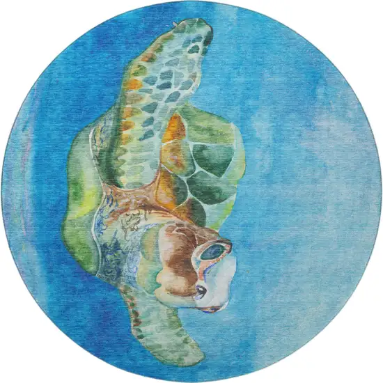 8' Pacific Blue Emerald And Beige Nautical Washable Round Rug With UV Protection Photo 5