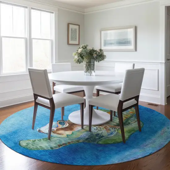 8' Pacific Blue Emerald And Beige Nautical Washable Round Rug With UV Protection Photo 6