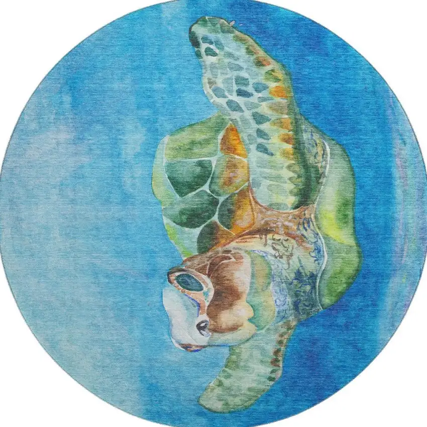 8' Pacific Blue Emerald And Beige Nautical Washable Round Rug With UV Protection Photo 4