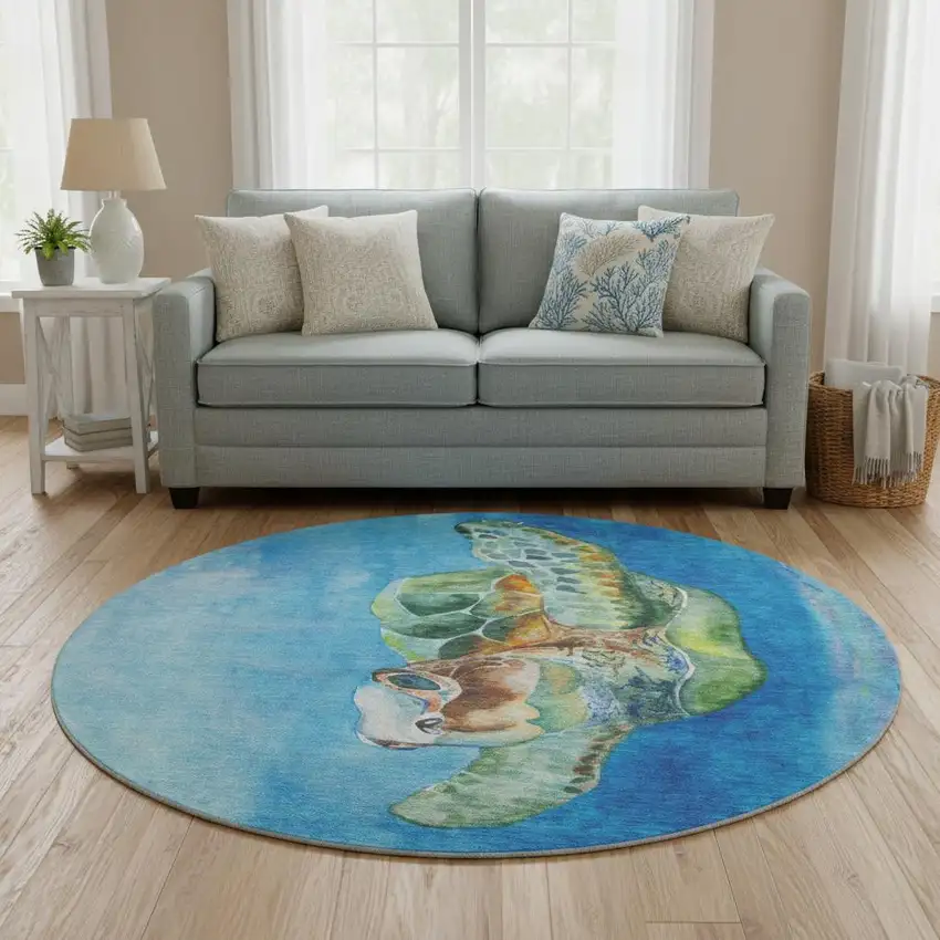 8' Pacific Blue Emerald And Beige Nautical Washable Round Rug With UV Protection Photo 1
