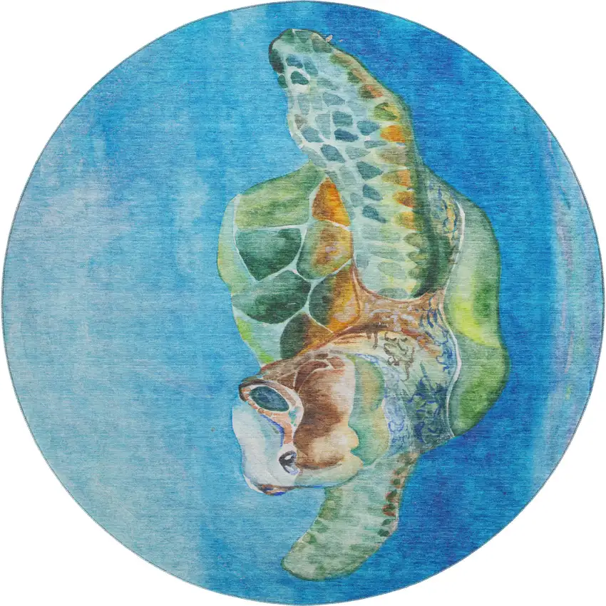 8' Pacific Blue Emerald And Beige Nautical Washable Round Rug With UV Protection Photo 2