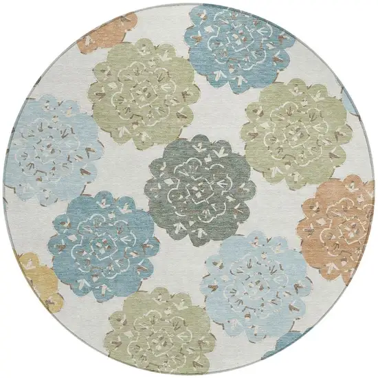 8' Pacific Blue Ivory And Copper Round Quatrefoil Washable Indoor Outdoor Area Rug Photo 4