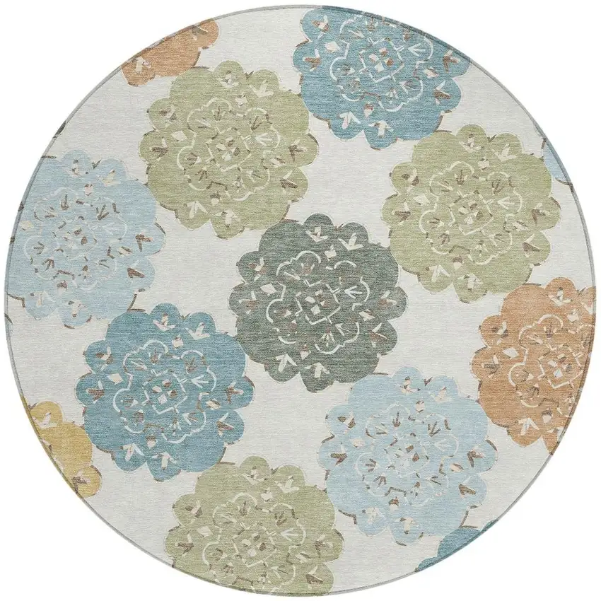 8' Pacific Blue Ivory And Copper Round Quatrefoil Washable Indoor Outdoor Area Rug Photo 4
