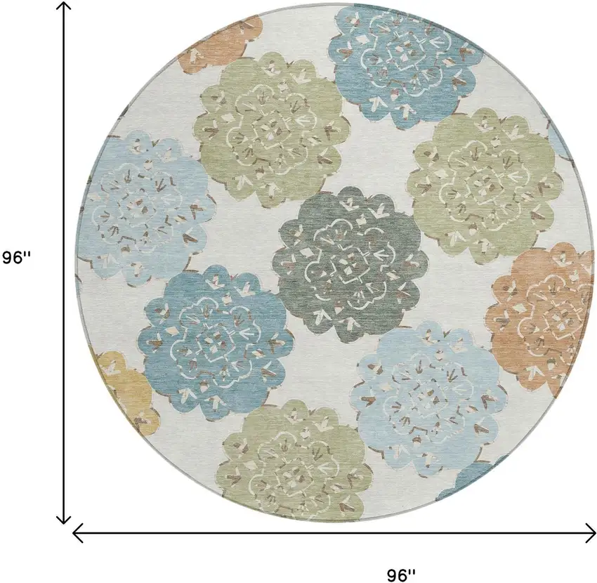 8' Pacific Blue Ivory And Copper Round Quatrefoil Washable Indoor Outdoor Area Rug Photo 3