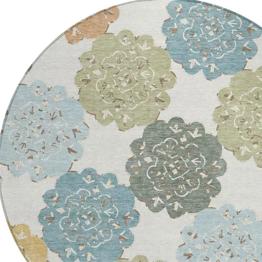 8' Pacific Blue Ivory And Copper Round Quatrefoil Washable Indoor Outdoor Area Rug Photo 7