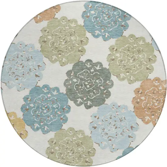 8' Pacific Blue Ivory And Copper Round Quatrefoil Washable Indoor Outdoor Area Rug Photo 2