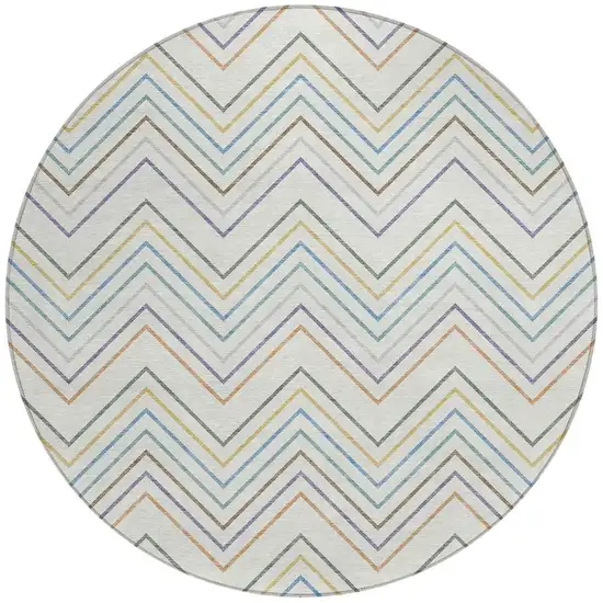 8' Pacific Blue Ivory And Copper Round Striped Washable Indoor Outdoor Area Rug Photo 3
