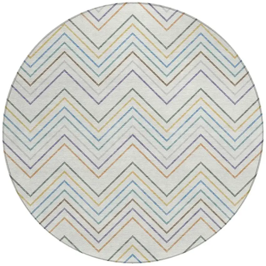 8' Pacific Blue Ivory And Copper Round Striped Washable Indoor Outdoor Area Rug Photo 3