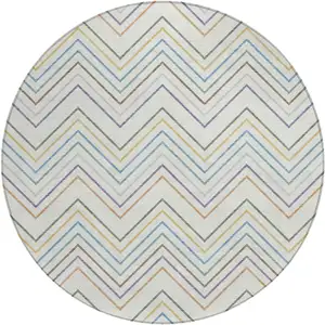 Photo of 8' Pacific Blue Ivory And Copper Round Striped Washable Indoor Outdoor Area Rug